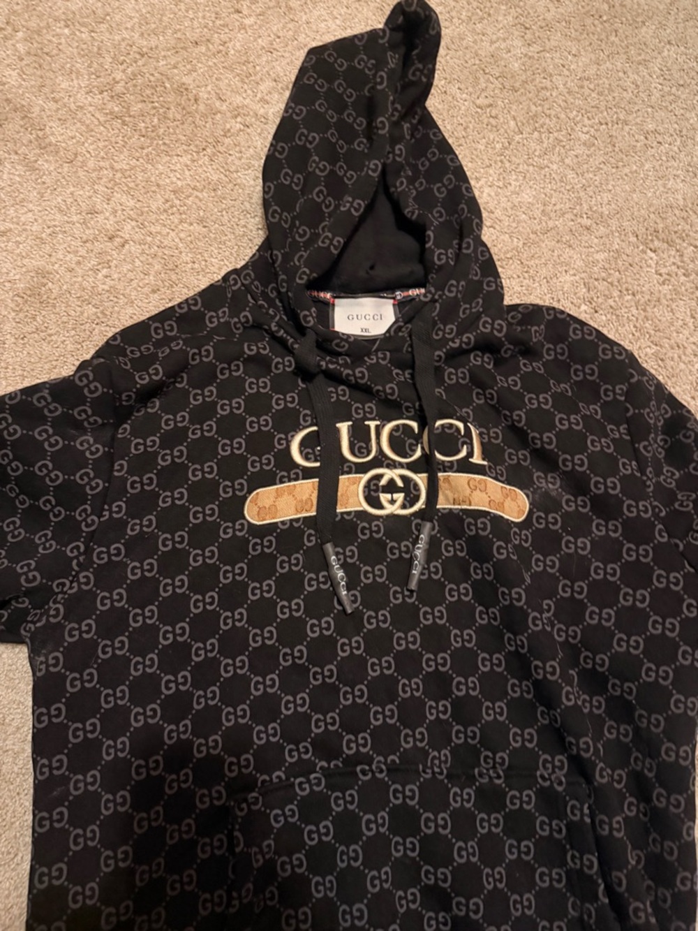 Gucci Black Allover GG Logo Hoodie with Gold Accent
